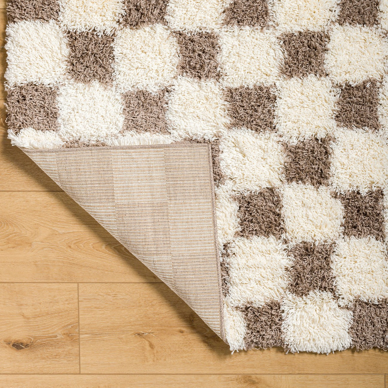 WILLA Shaggy Modern Plush Pile Brown Checkered Area Rug Fold