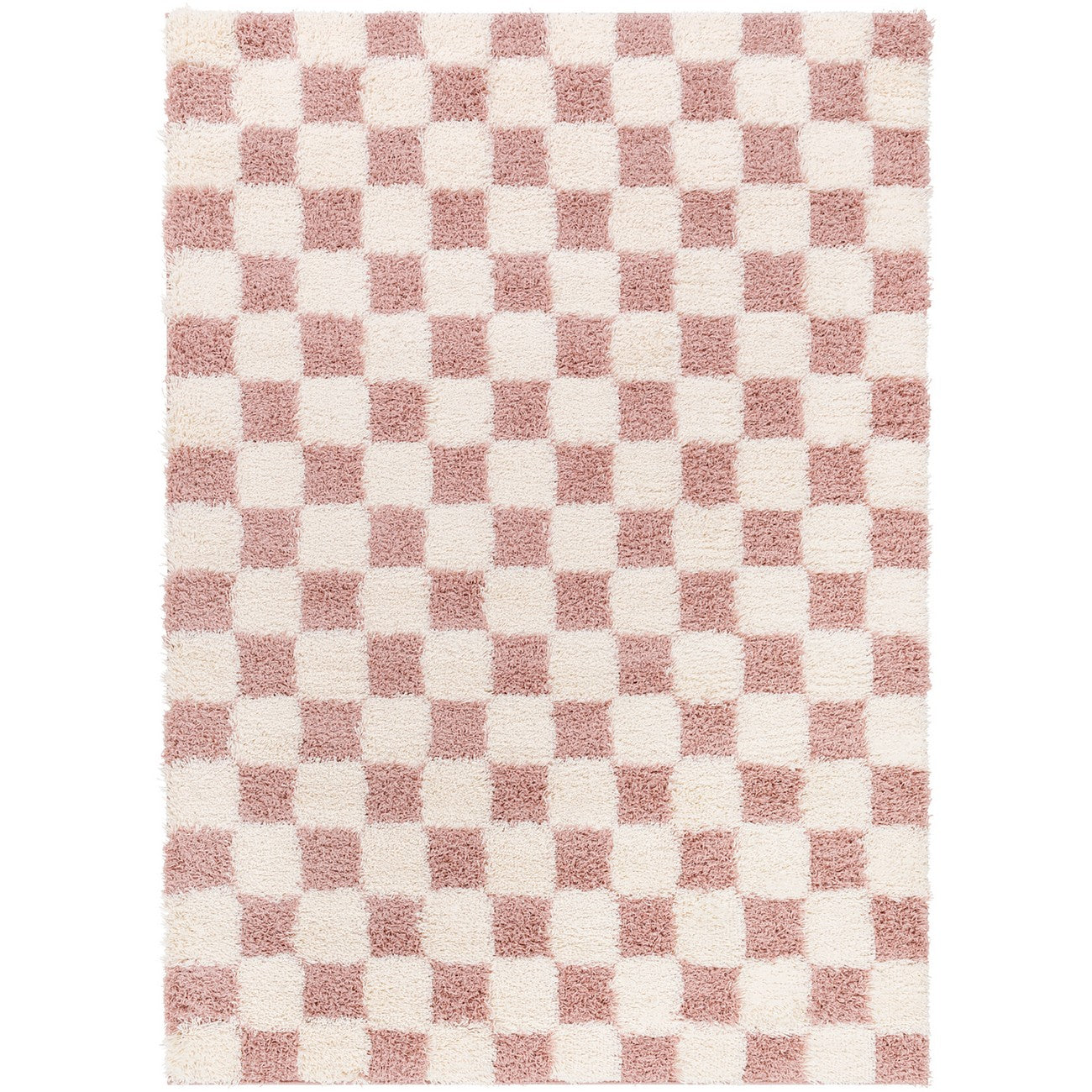 WILLA Shaggy Modern Plush Pile Dusty Pink Checkered Area Rug Flat