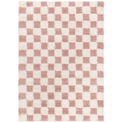WILLA Shaggy Modern Plush Pile Dusty Pink Checkered Area Rug Flat