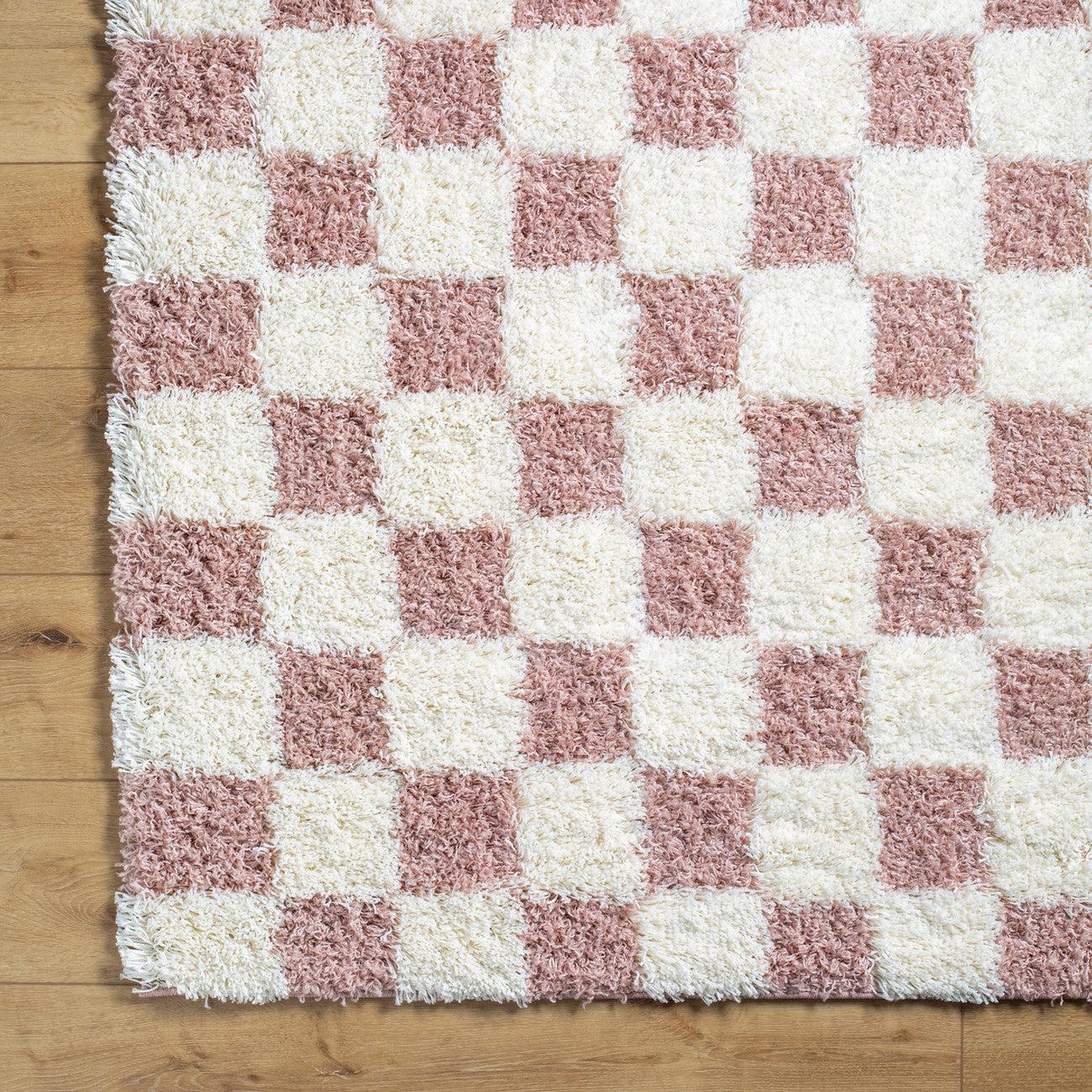 WILLA Shaggy Modern Plush Pile Dusty Pink Checkered Area Rug Overhead