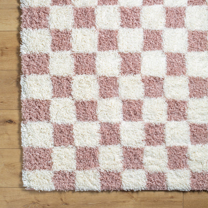 WILLA Shaggy Modern Plush Pile Dusty Pink Checkered Area Rug Overhead