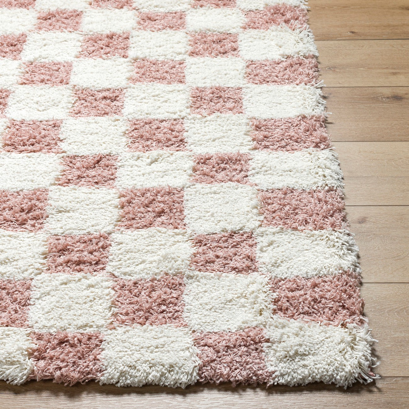WILLA Shaggy Modern Plush Pile Dusty Pink Checkered Area Rug Front