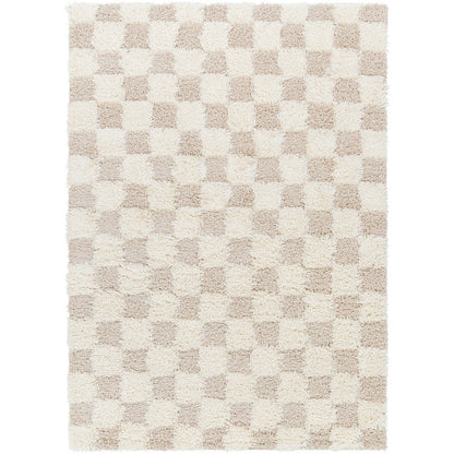 WILLA Shaggy Modern Plush Pile Light Beige Checkered Area Rug Flat