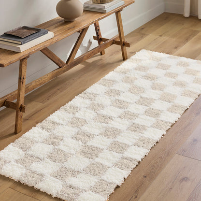 WILLA Shaggy Modern Plush Pile Light Beige Checkered Area Rug Roomscene