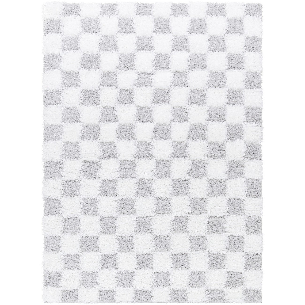 WILLA Shaggy Modern Plush Pile Light Grey Checkered Area Rug Flat