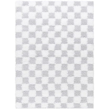 WILLA Shaggy Modern Plush Pile Light Grey Checkered Area Rug Flat