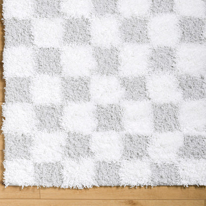 WILLA Shaggy Modern Plush Pile Light Grey Checkered Area Rug Overhead