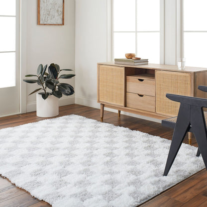 WILLA Shaggy Modern Plush Pile Light Grey Checkered Area Rug Roomscene