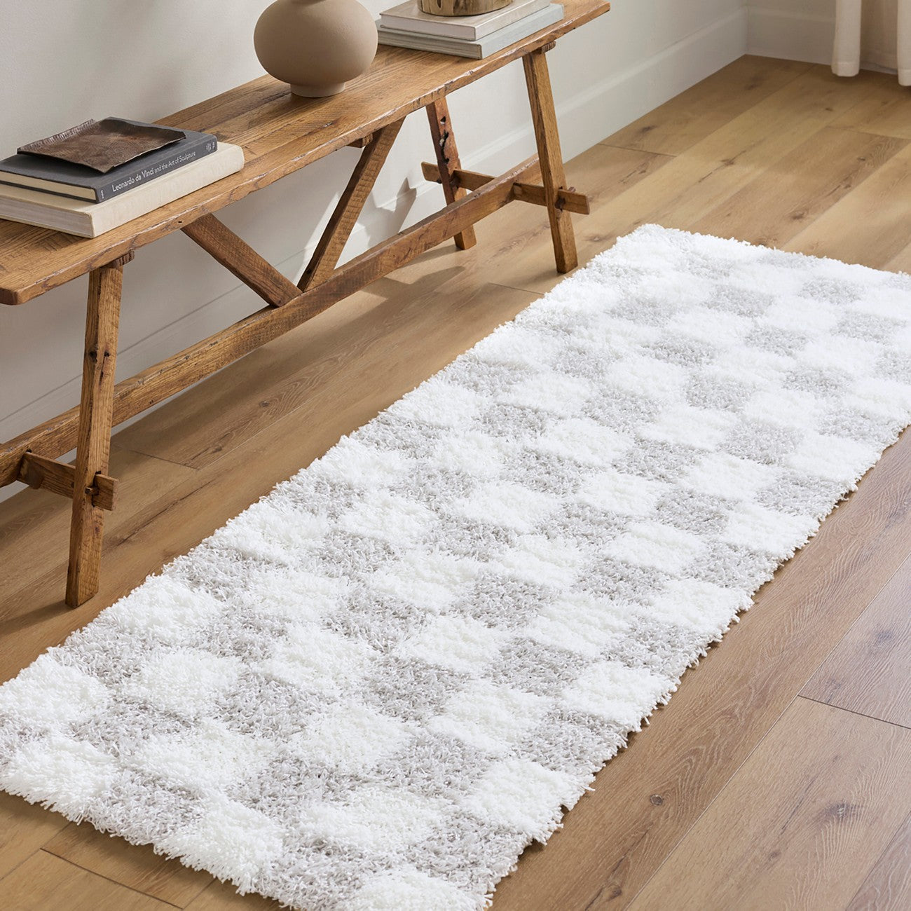 WILLA Shaggy Modern Plush Pile Light Grey Checkered Area Rug Roomscene