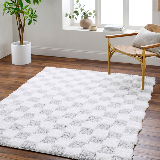 WILLA Shaggy Modern Plush Pile Light Grey Checkered Area Rug Roomscene