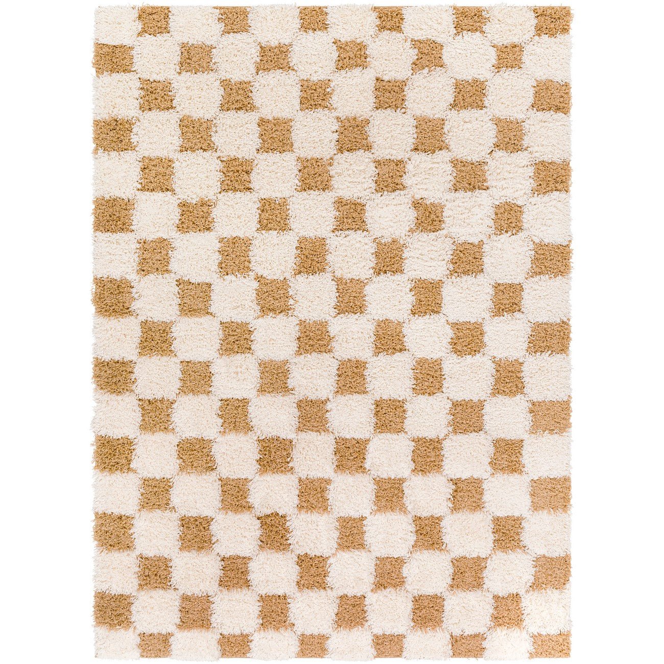 WILLA Shaggy Modern Plush Pile Mustard Checkered Area Rug Flat