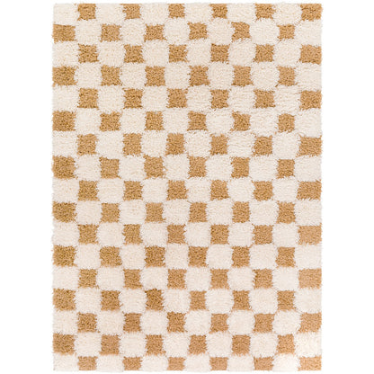 WILLA Shaggy Modern Plush Pile Mustard Checkered Area Rug Flat