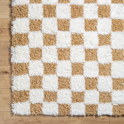 WILLA Shaggy Modern Plush Pile Mustard Checkered Area Rug Overhead