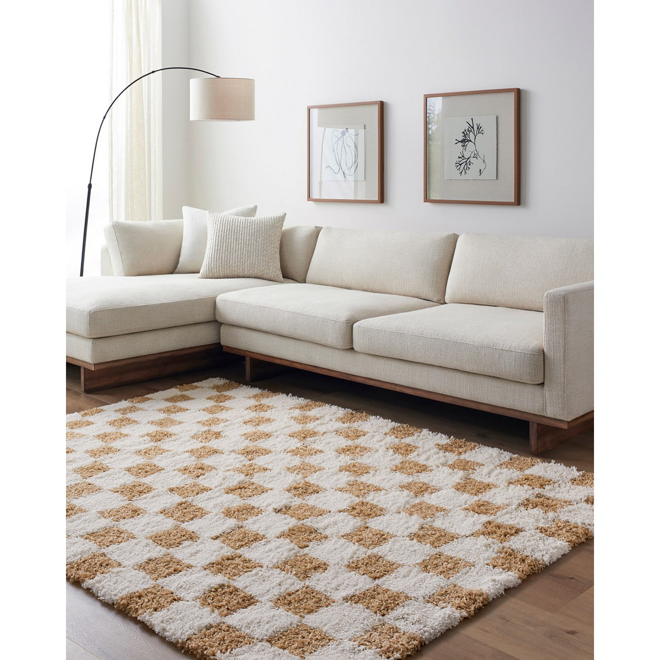 WILLA Shaggy Modern Plush Pile Mustard Checkered Area Rug Roomscene
