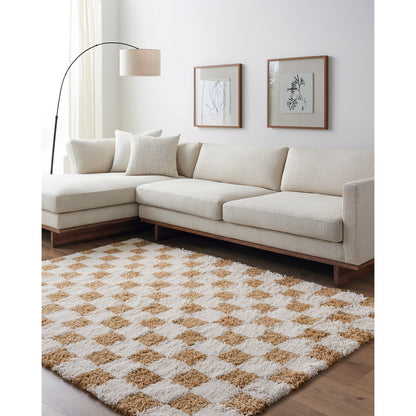 WILLA Shaggy Modern Plush Pile Mustard Checkered Area Rug Roomscene