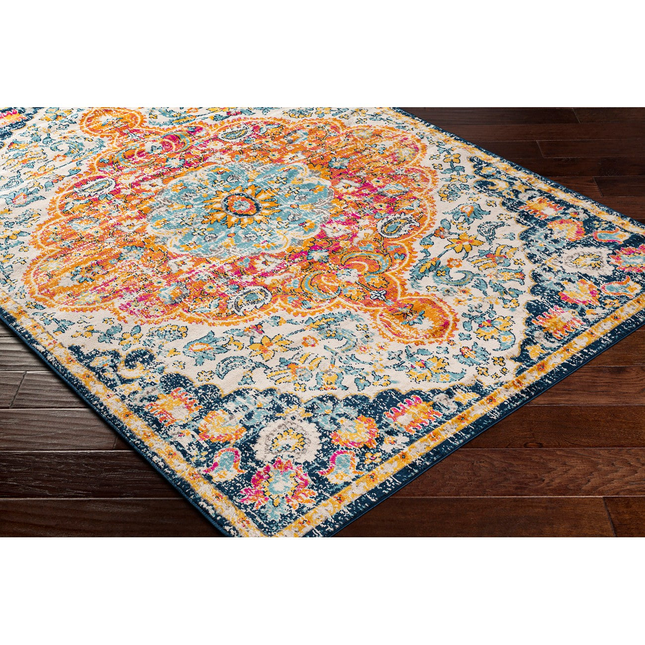 WREN Vintage Traditional Oriental Boho Bright Orange Area Rug Corner