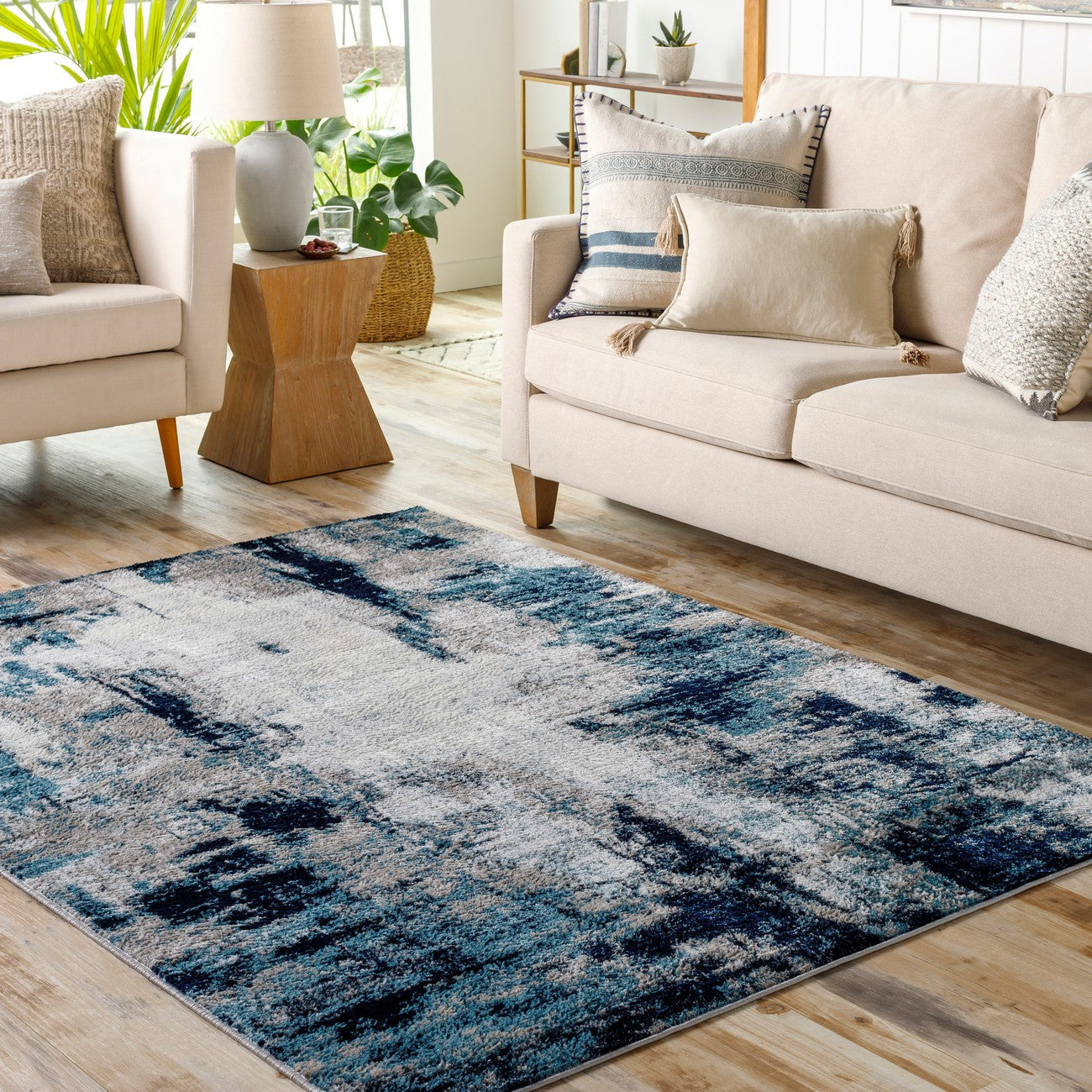 GIULIA Abstract Modern Marble Aqua/Navy Area Rug Roomscene