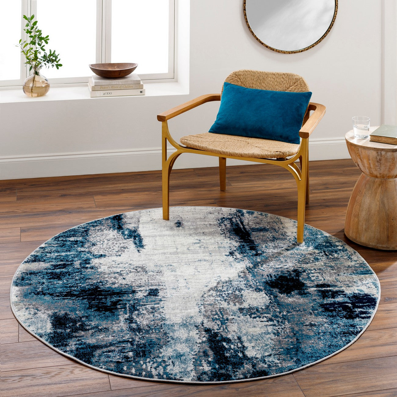 GIULIA Abstract Modern Marble Aqua/Navy Area Rug Roomscene