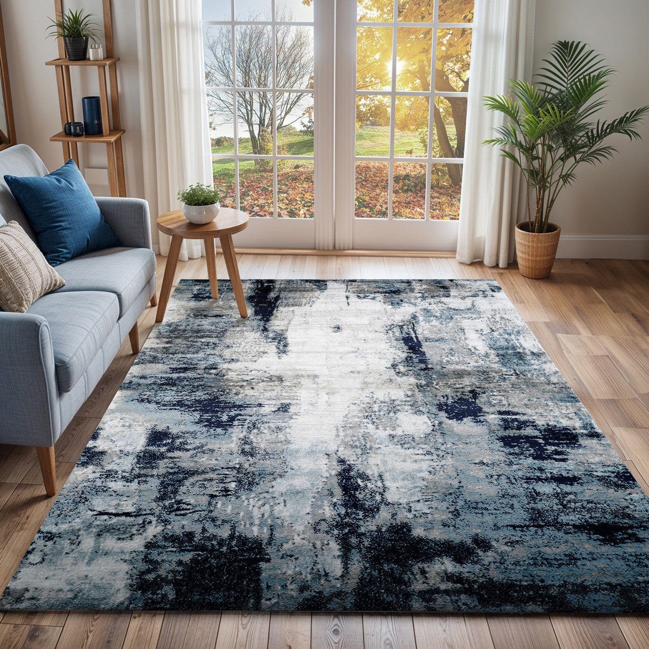 GIULIA Abstract Modern Marble Aqua/Navy Area Rug Roomscene