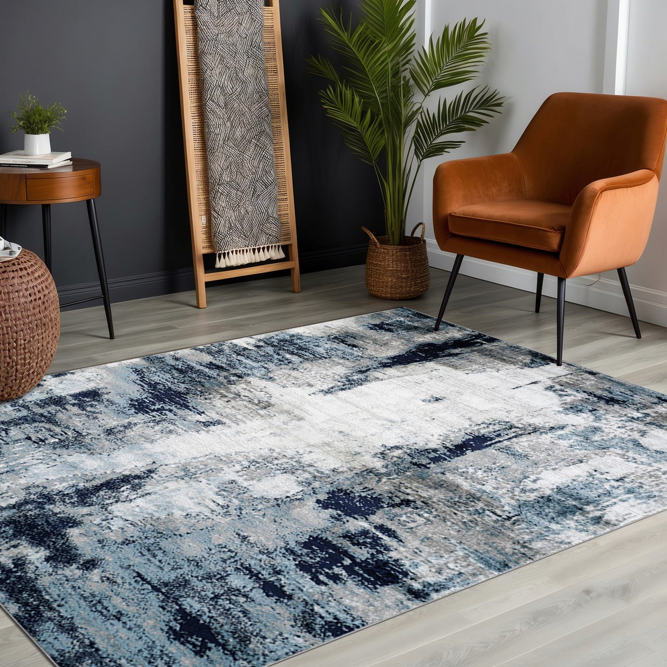 GIULIA Abstract Modern Marble Aqua/Navy Area Rug Roomscene