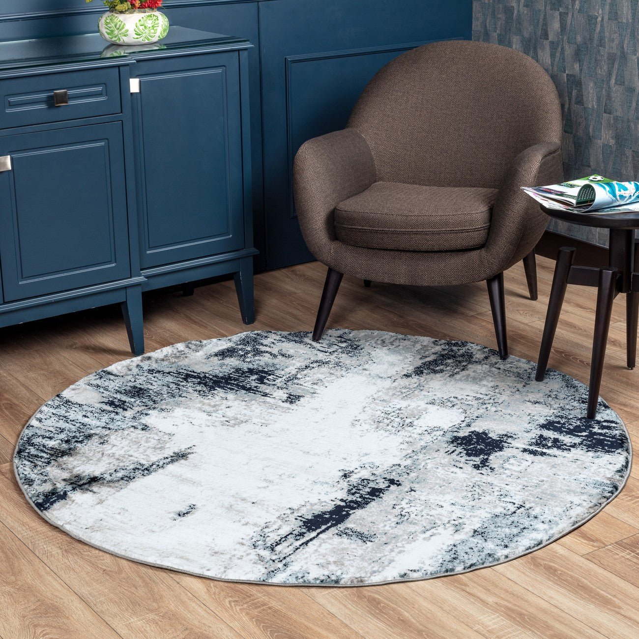GIULIA Abstract Modern Marble Aqua/Navy Area Rug Roomscene