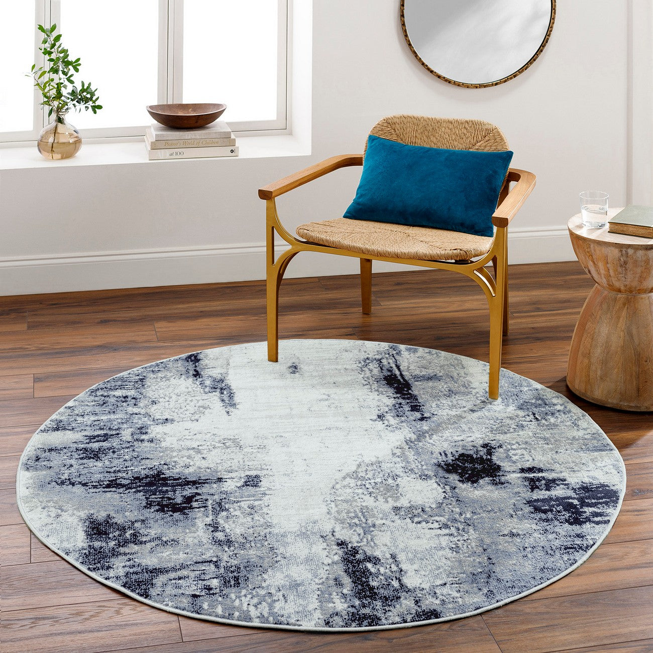 GIULIA Abstract Modern Marble Aqua/Navy Area Rug Roomscene