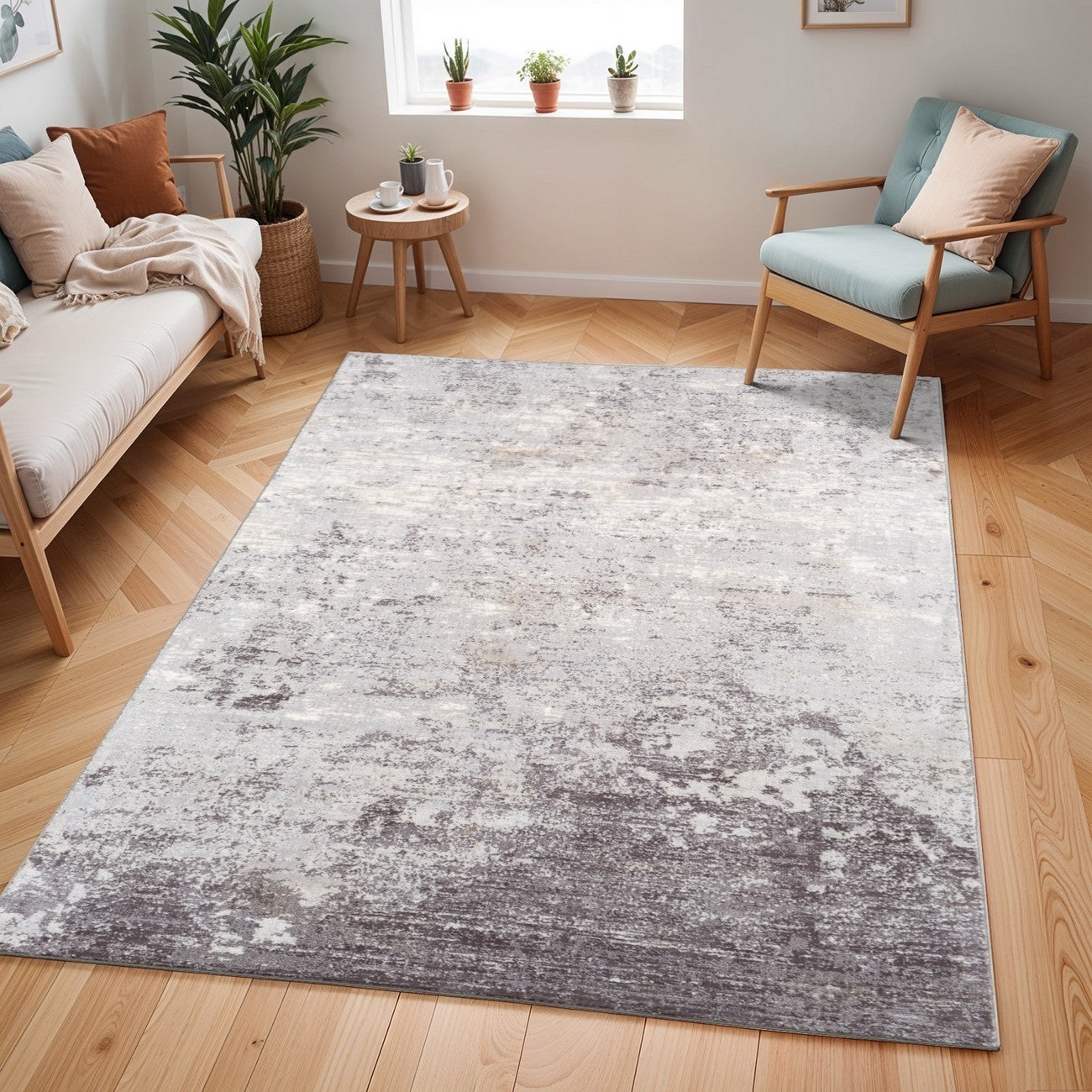 FIONA ROBERT Abstract Modern Marble Silver Grey Area Rug Roomscene