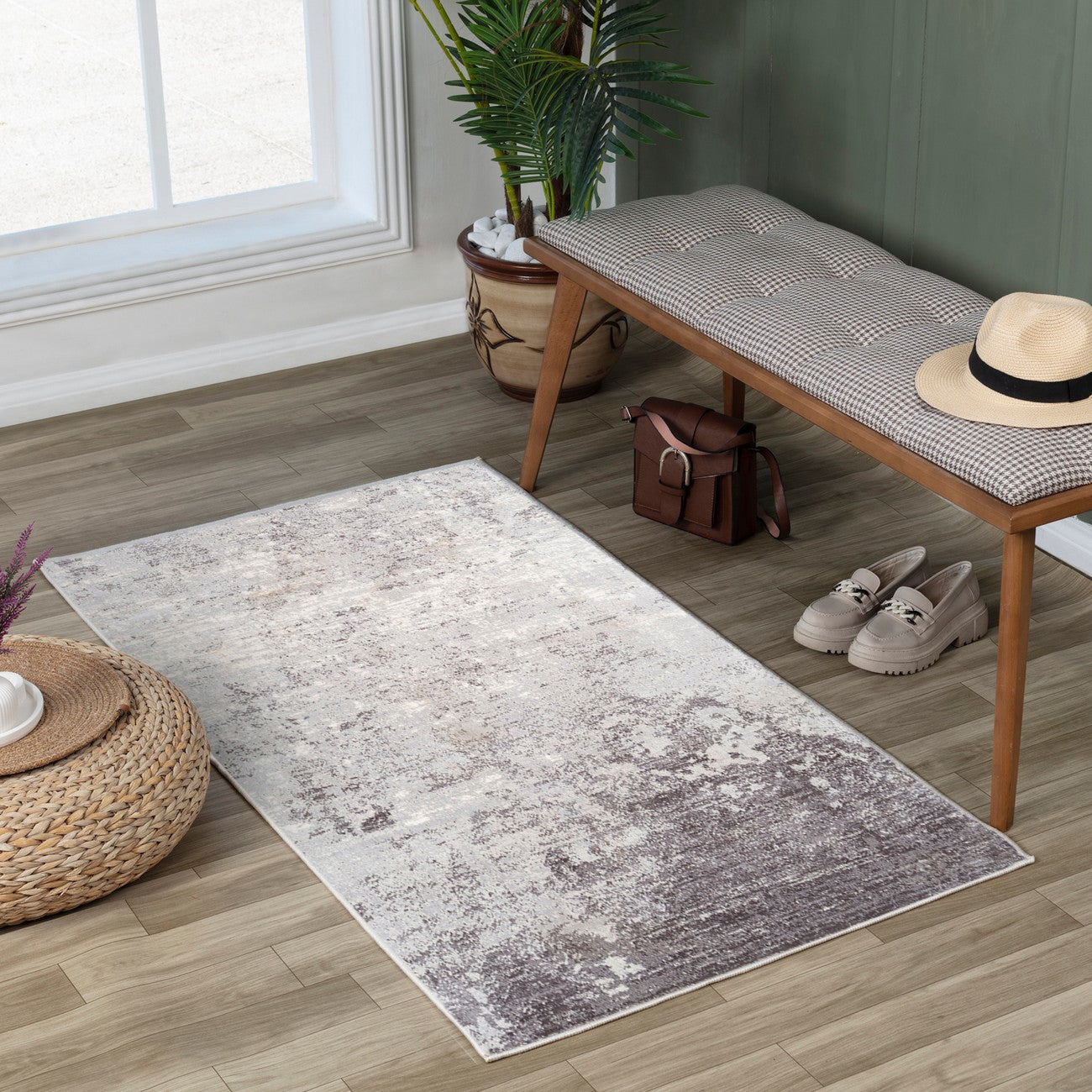 FIONA ROBERT Abstract Modern Marble Silver Grey Area Rug Roomscene