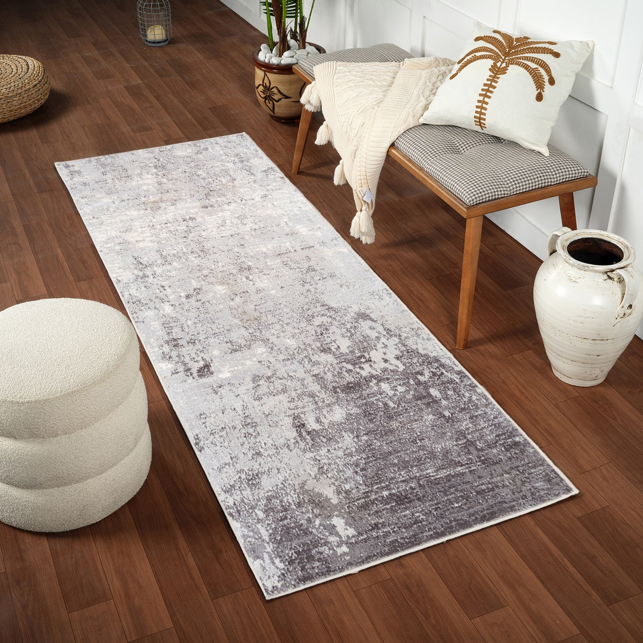 FIONA ROBERT Abstract Modern Marble Silver Grey Area Rug Roomscene