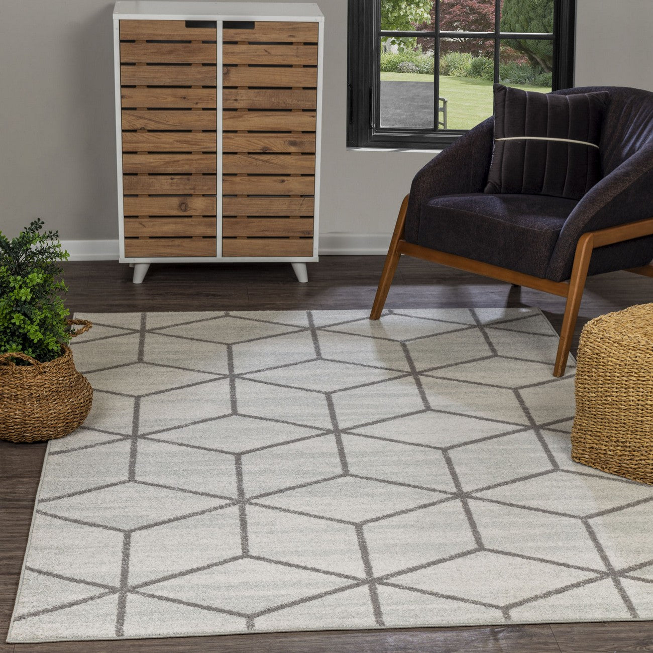 XION Scandi Geometric White/Grey Area Rug Roomscene
