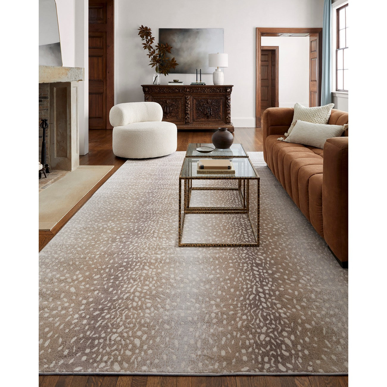 ZORINA Scandi Boho Tan Polka Dot Area Rug Roomscene