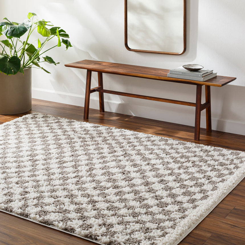 Kittu Shaggy Modern Plush Pile Light Grey Checkered Rug