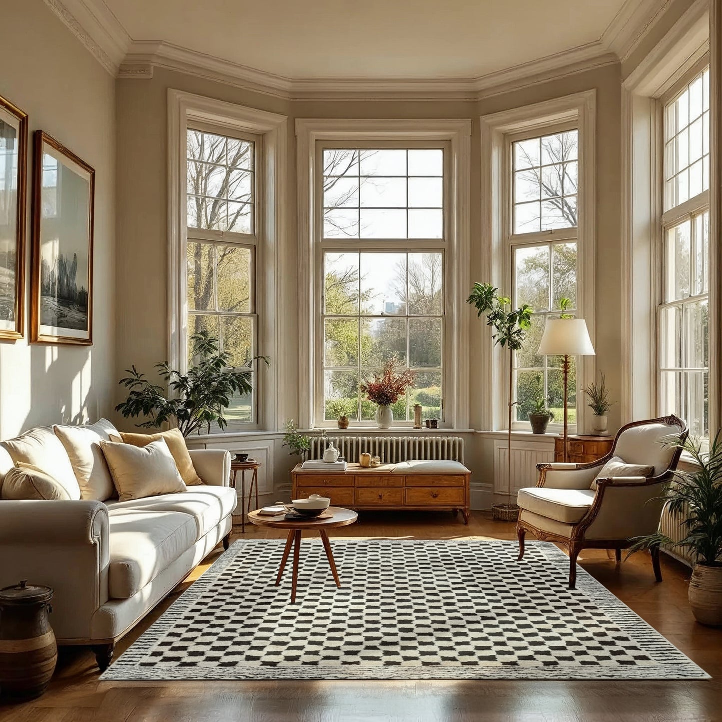 EKTA Scandi Modern High Pile Ivory/Black Checkered Area Rug