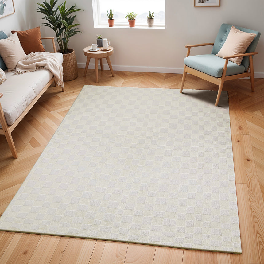 Irina Scandi Modern High Pile Off-White/Ivory Checkered Rug