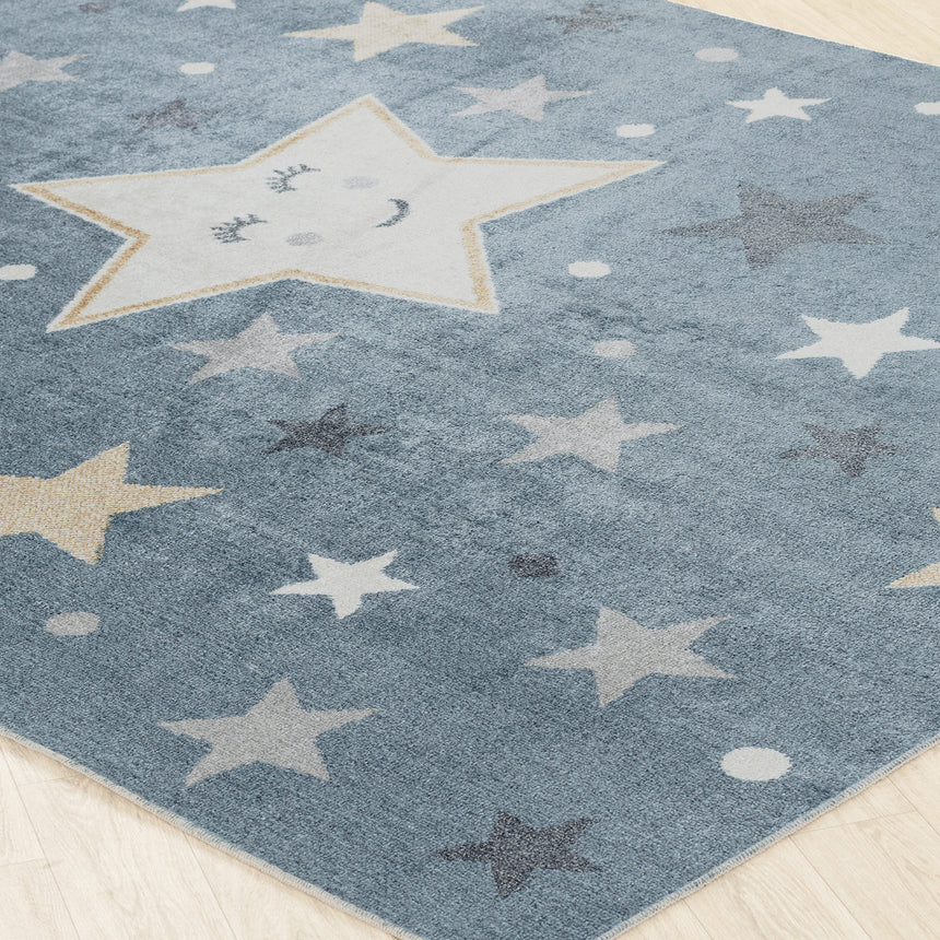 Supermama Kids Machine Washable Blue/Beige Bedroom Rug