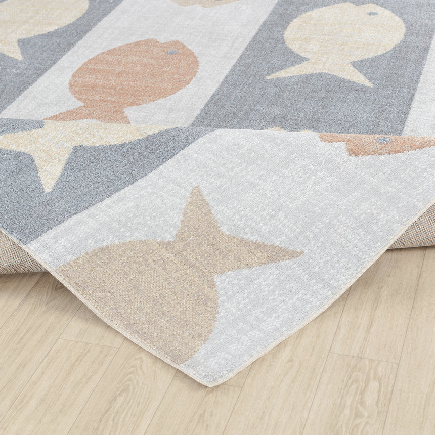 Aquafiesta Kids Machine Washable Beige/Grey/Orange Bedroom Rug