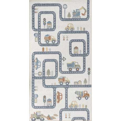 Vroomville Kids Machine Washable Beige/Grey Bedroom Rug - Image 1