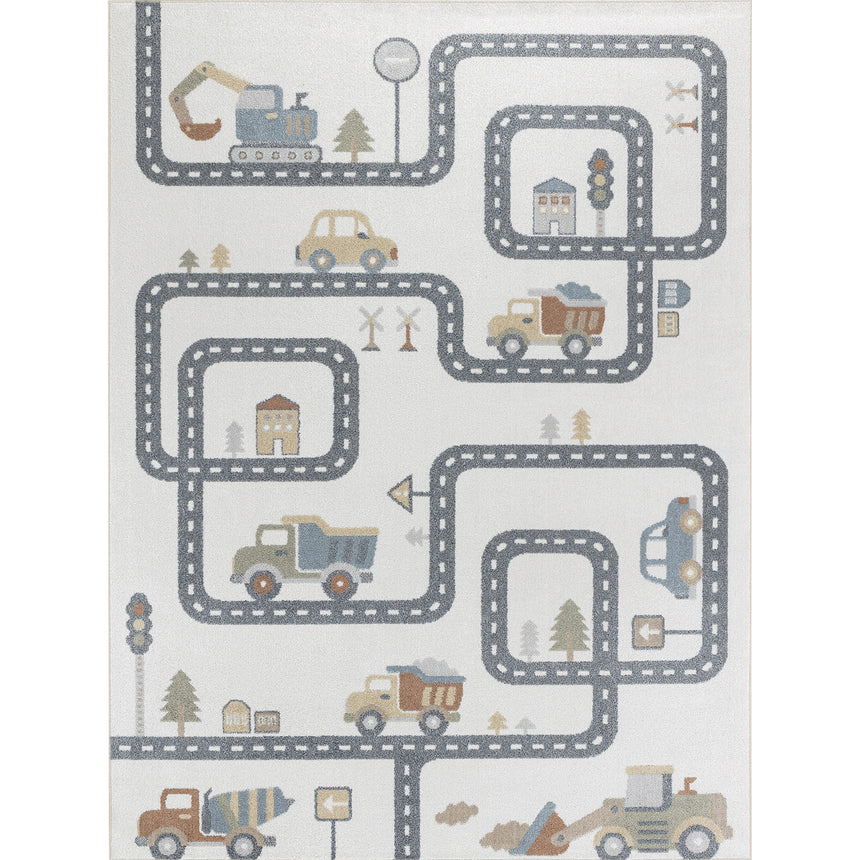 Vroomville Kids Machine Washable Beige/Grey Bedroom Rug