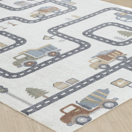 Vroomville Kids Machine Washable Beige/Grey Bedroom Rug - Image 6