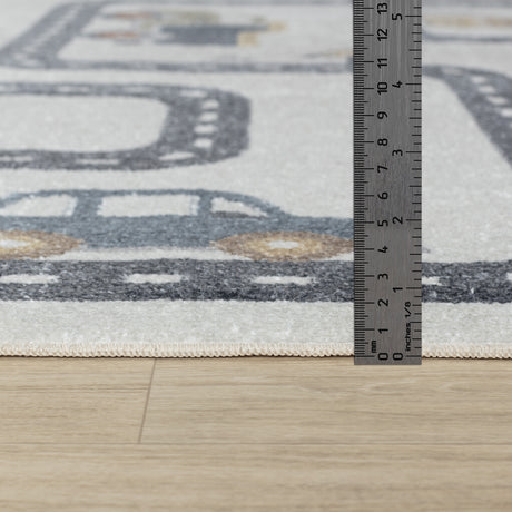 Vroomville Kids Machine Washable Beige/Grey Bedroom Rug - Image 7