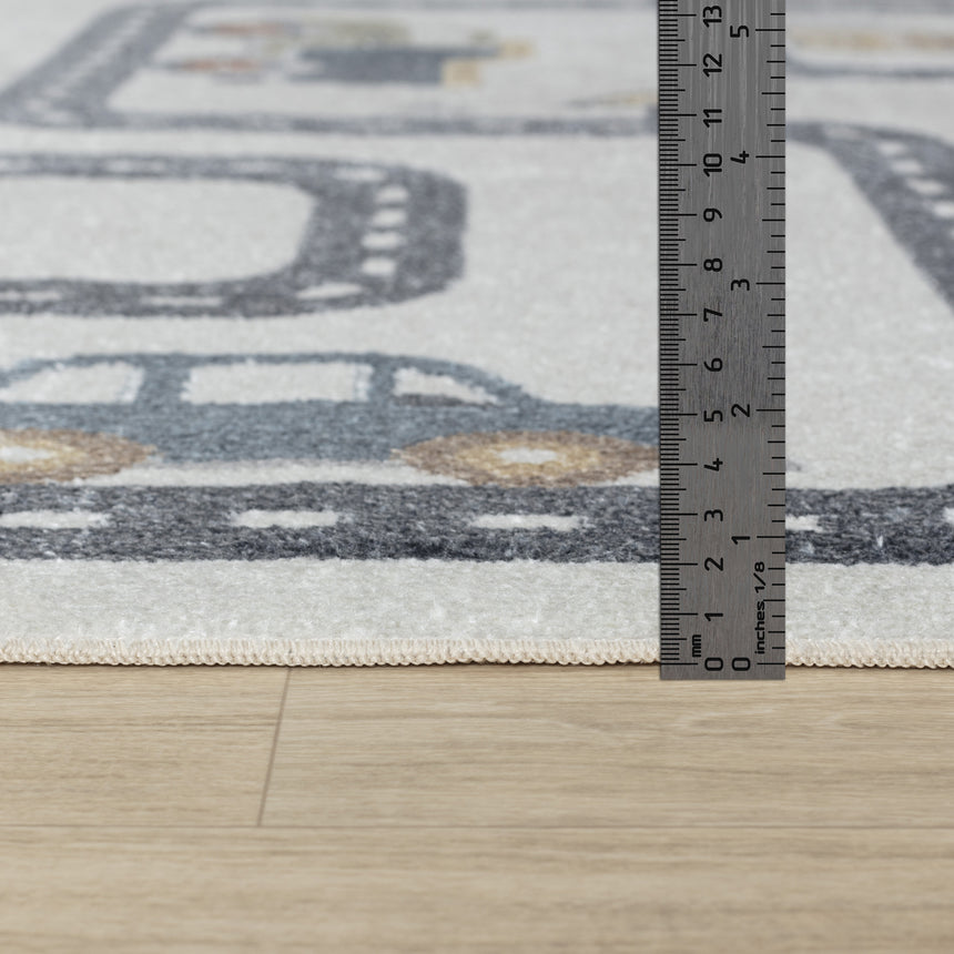 Vroomville Kids Machine Washable Beige/Grey Bedroom Rug - Image 7