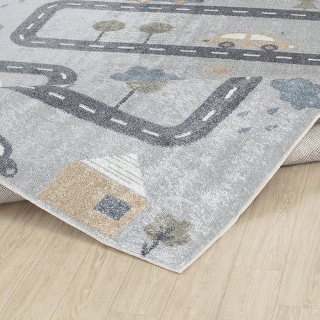 Vroomville Kids Machine Washable Blue/Grey Bedroom Rug - Image 4