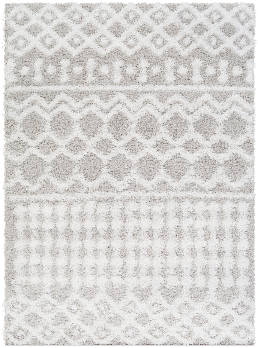 Nour Shaggy Geometric Plush Pile Light Grey Rug