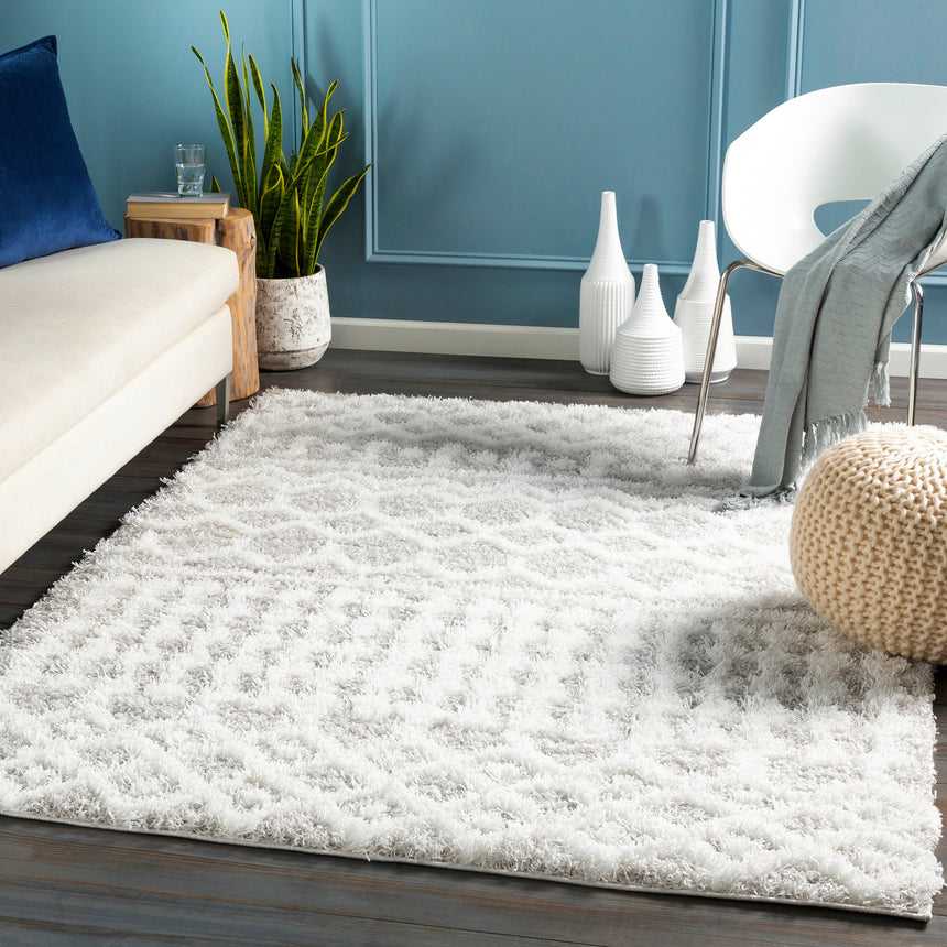 Nour Shaggy Geometric Plush Pile Light Grey Rug