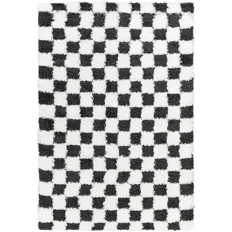 Willa Shaggy Modern Plush Pile Black Checkered Rug - Image 1