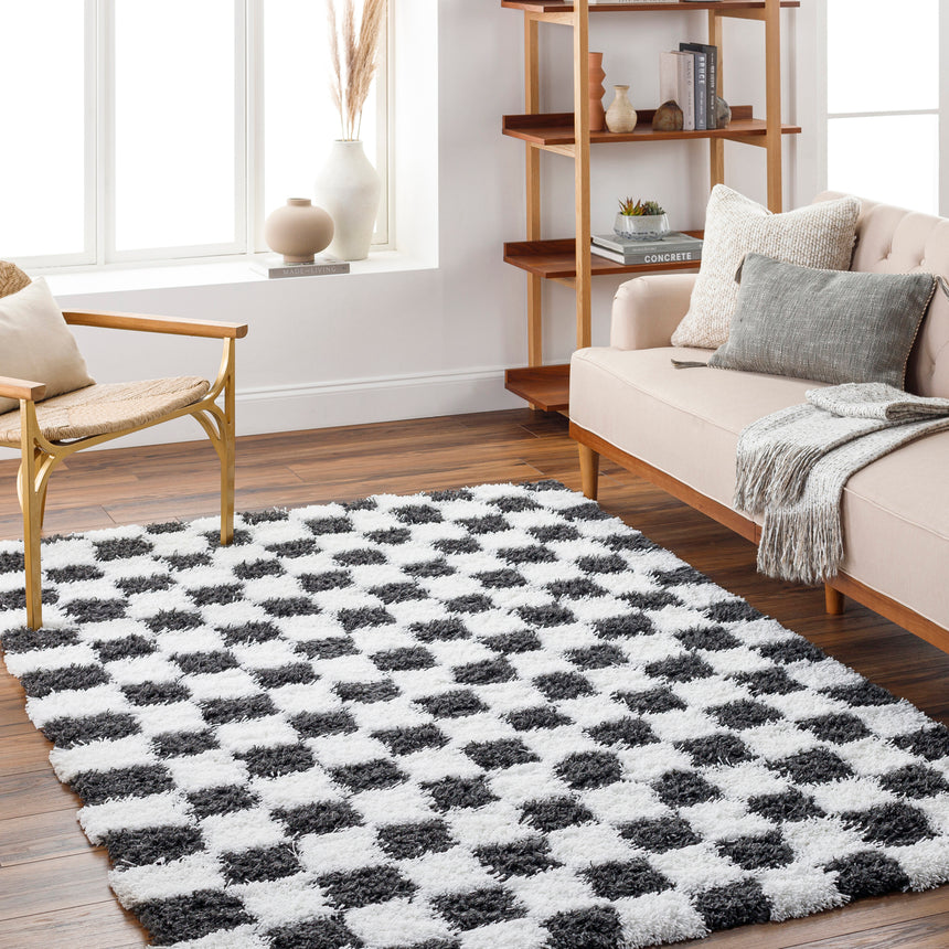 Willa Shaggy Modern Plush Pile Black Checkered Rug - Image 2