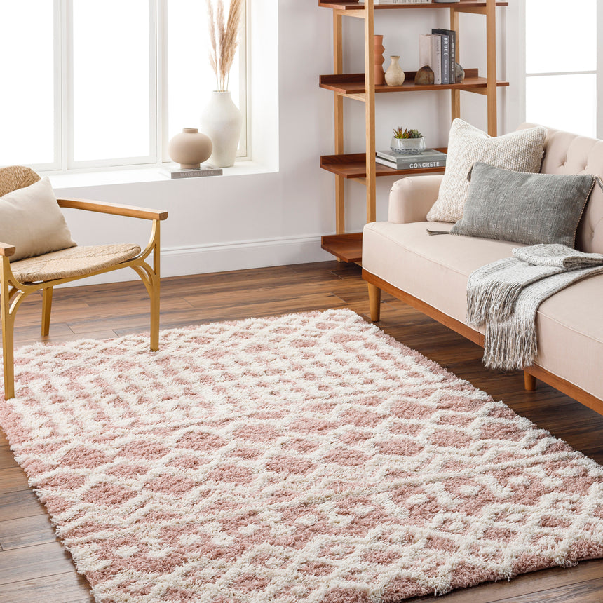 Nour Shaggy Geometric Plush Pile Peach Rug