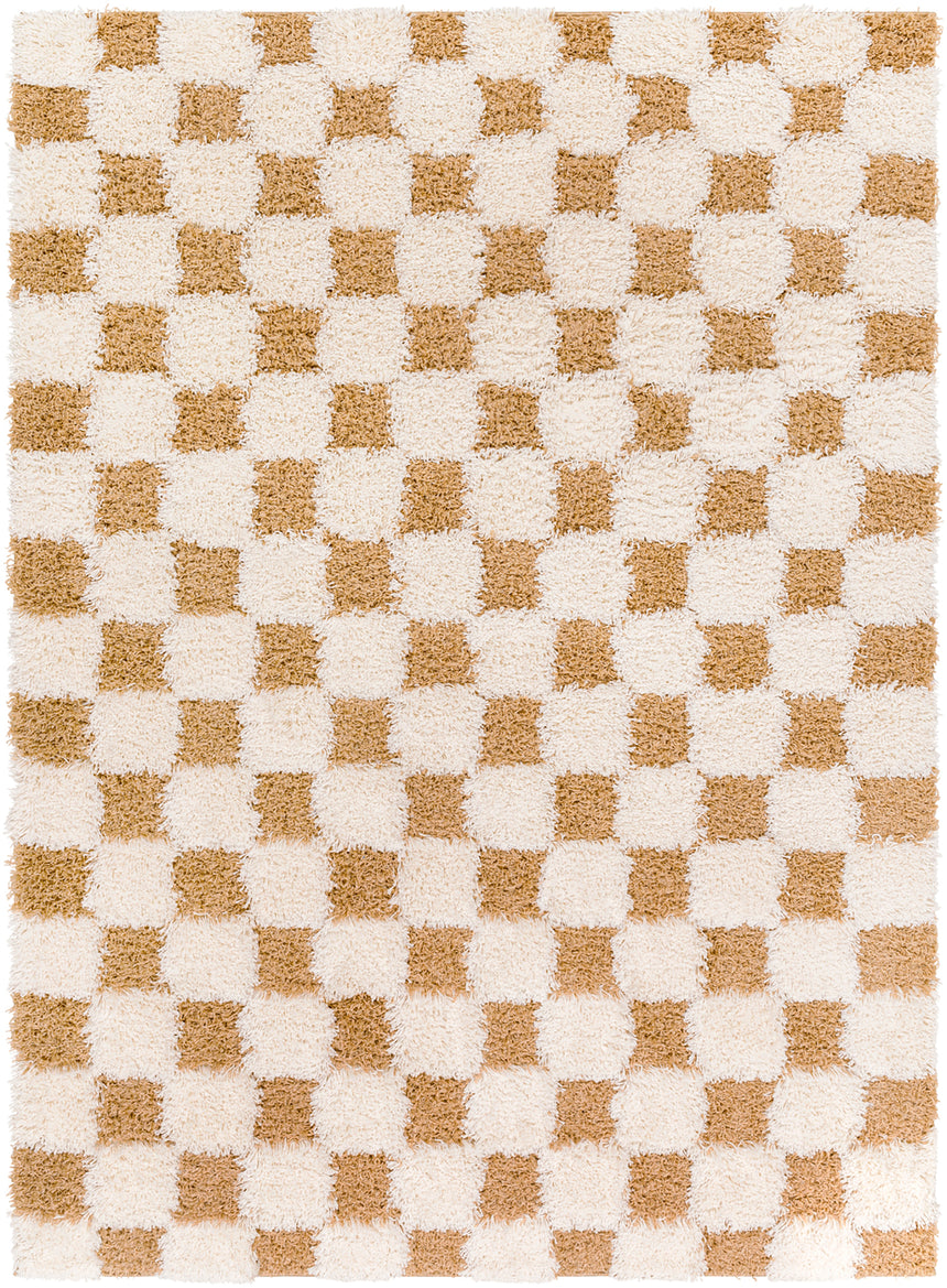 Willa Shaggy Modern Plush Pile Mustard Checkered Rug - Image 1