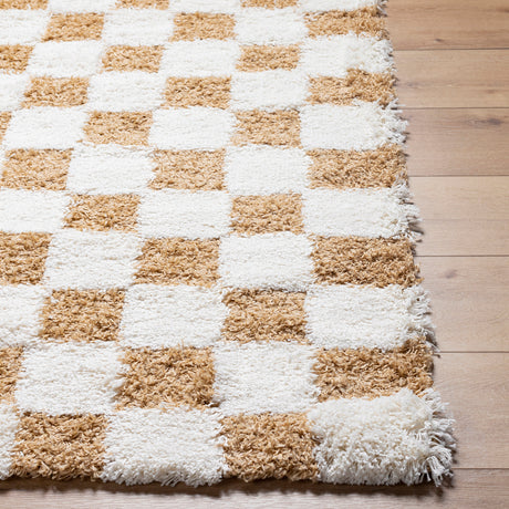Willa Shaggy Modern Plush Pile Mustard Checkered Rug - Image 5