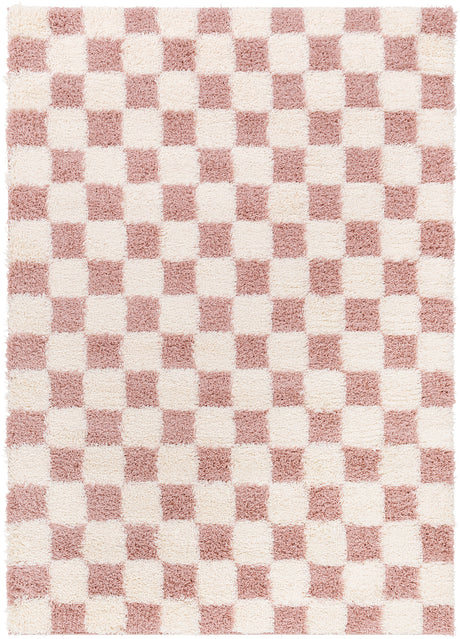 Willa Shaggy Modern Plush Pile Dusty Pink Checkered Rug - Image 1